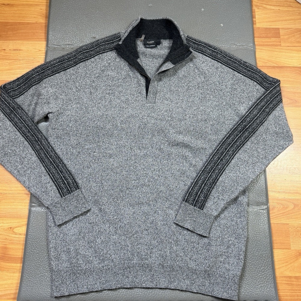 Kinross 100% Cashmere Quarter Zip Sweater Mock Neck Pullover‎ Grey W/ Black LS
